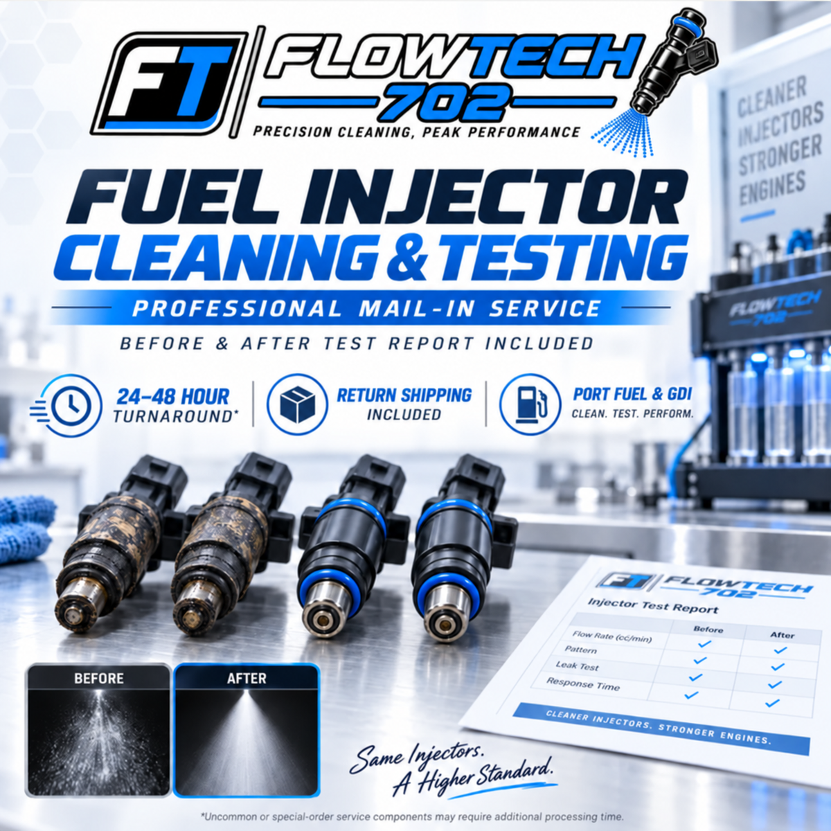 Promotional graphic for FlowTech 702 Fuel Injector Cleaning & Testing mail-in service, showing several automotive fuel injectors, before-and-after spray comparison images, a FlowTech branded report sheet, and service callouts including 24-48 hour turnaround and return shipping included.